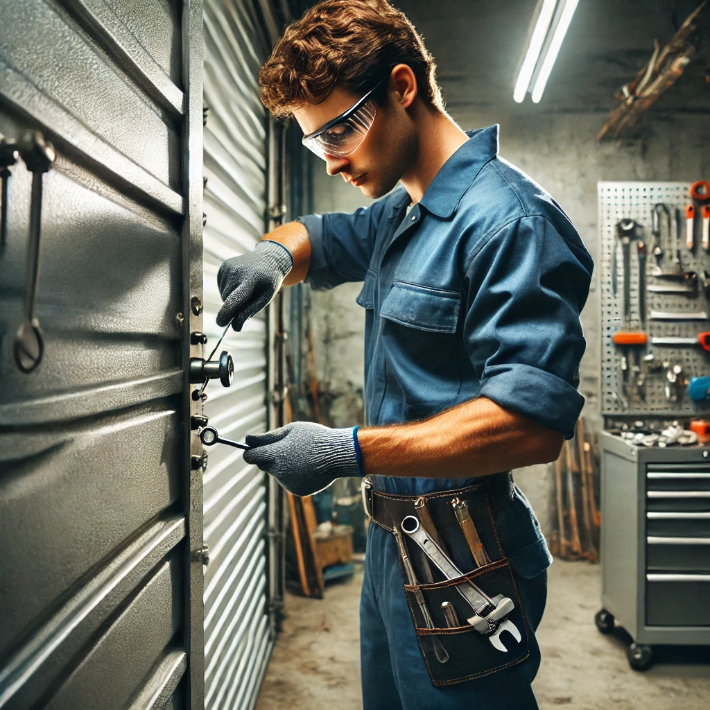 DALL·E 2025-01-20 17.43.31 – A high-quality realistic photo of a skilled locksmith (monteur) working on a large metal garage door. The monteur is dressed in a clean blue uniform,