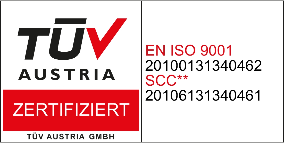 TÜV Austria Zertifikat EN ISO 9001:2015 und SCC:2011